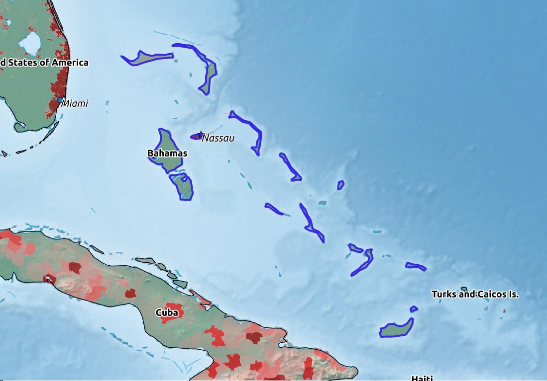 Map of The Bahamas with world location, topography, capital city, and nearby major cities.